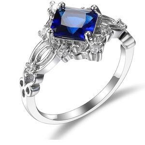 Princess Cut Created Blue Sapphire and Zircon Women's Ring